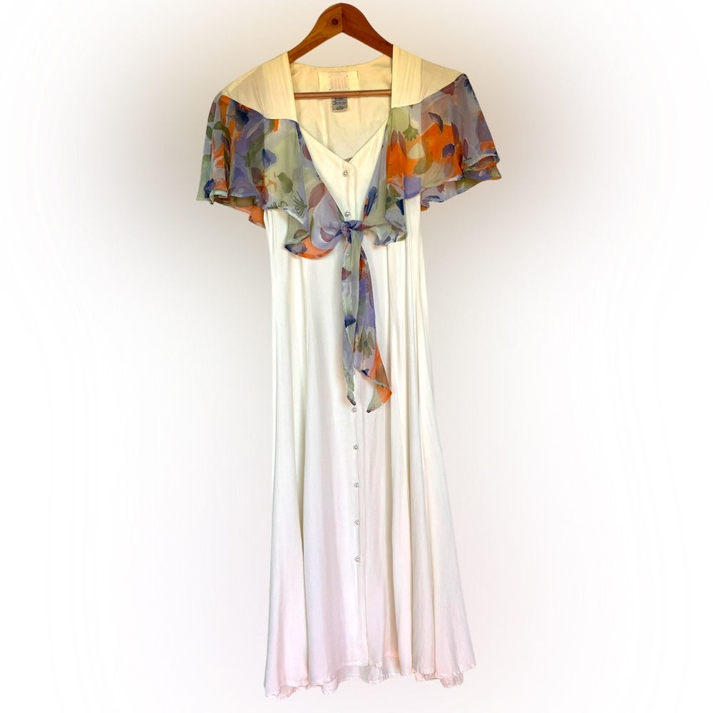 White button front dress wth floral scarf detail